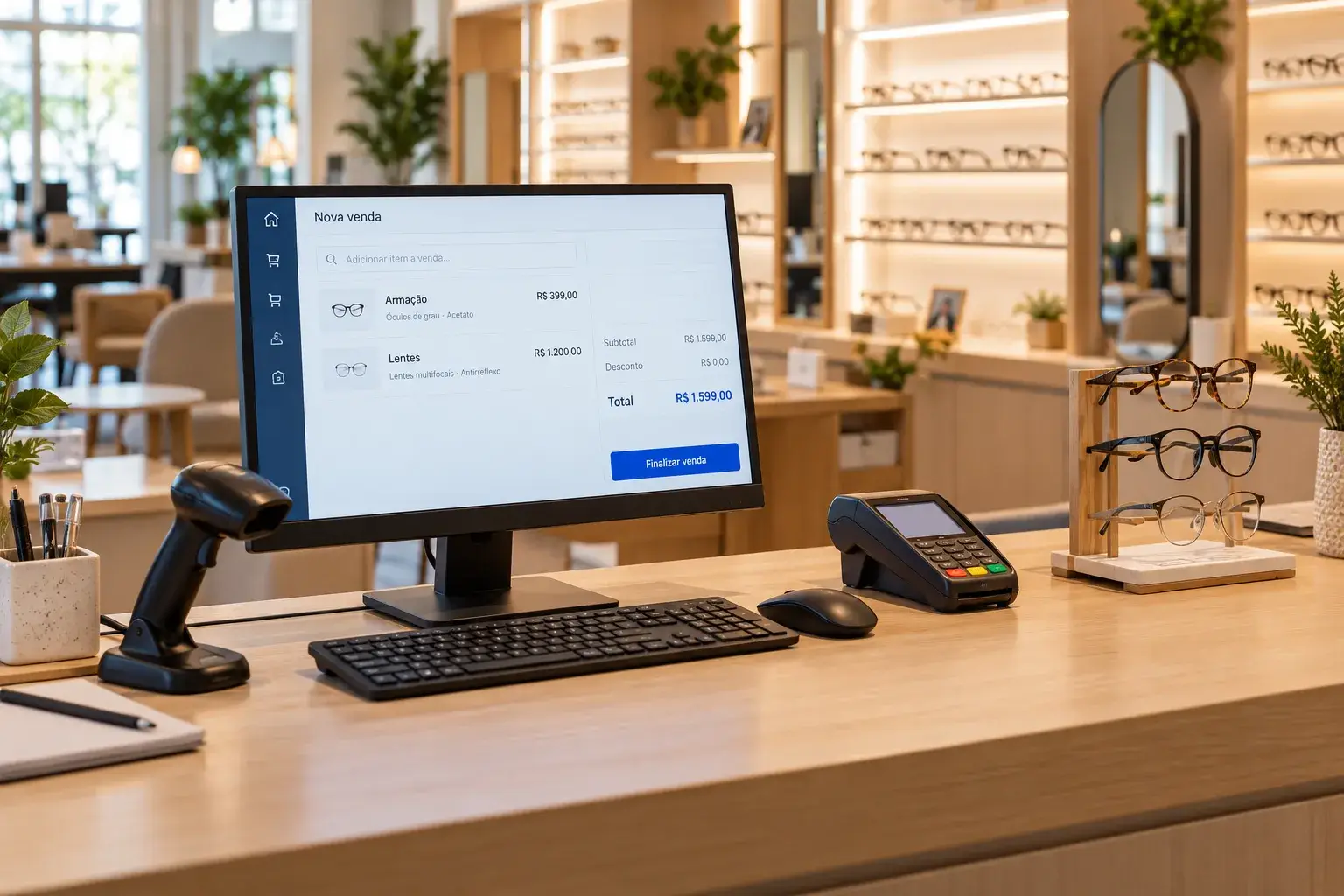 Balcão de uma ótica com o sistema aberto no monitor, leitor de código de barras e maquininha de cartão