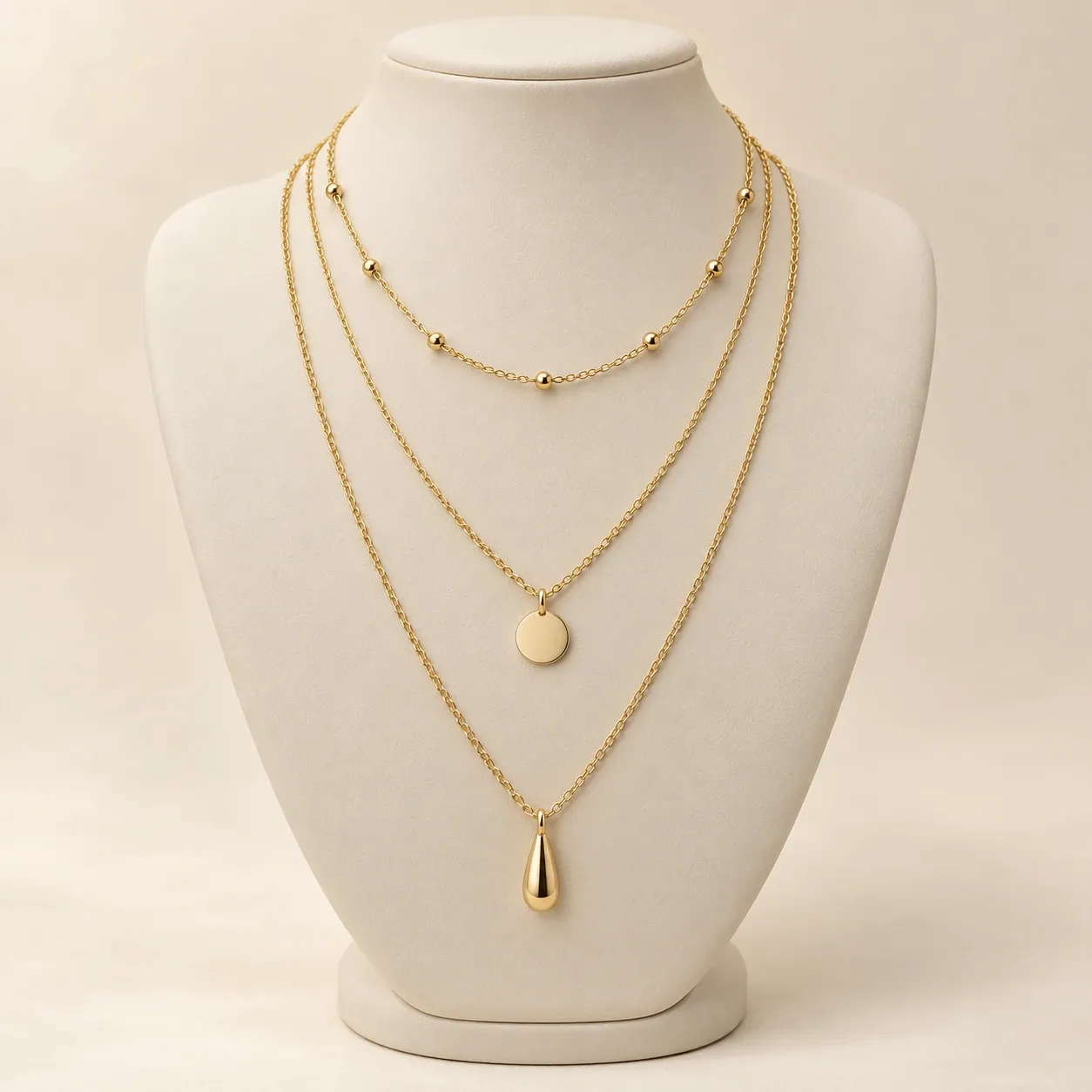 Colar dourado em três camadas, com corrente de bolinhas, pingente de medalha e pingente de gota, exposto em um busto de joalheria