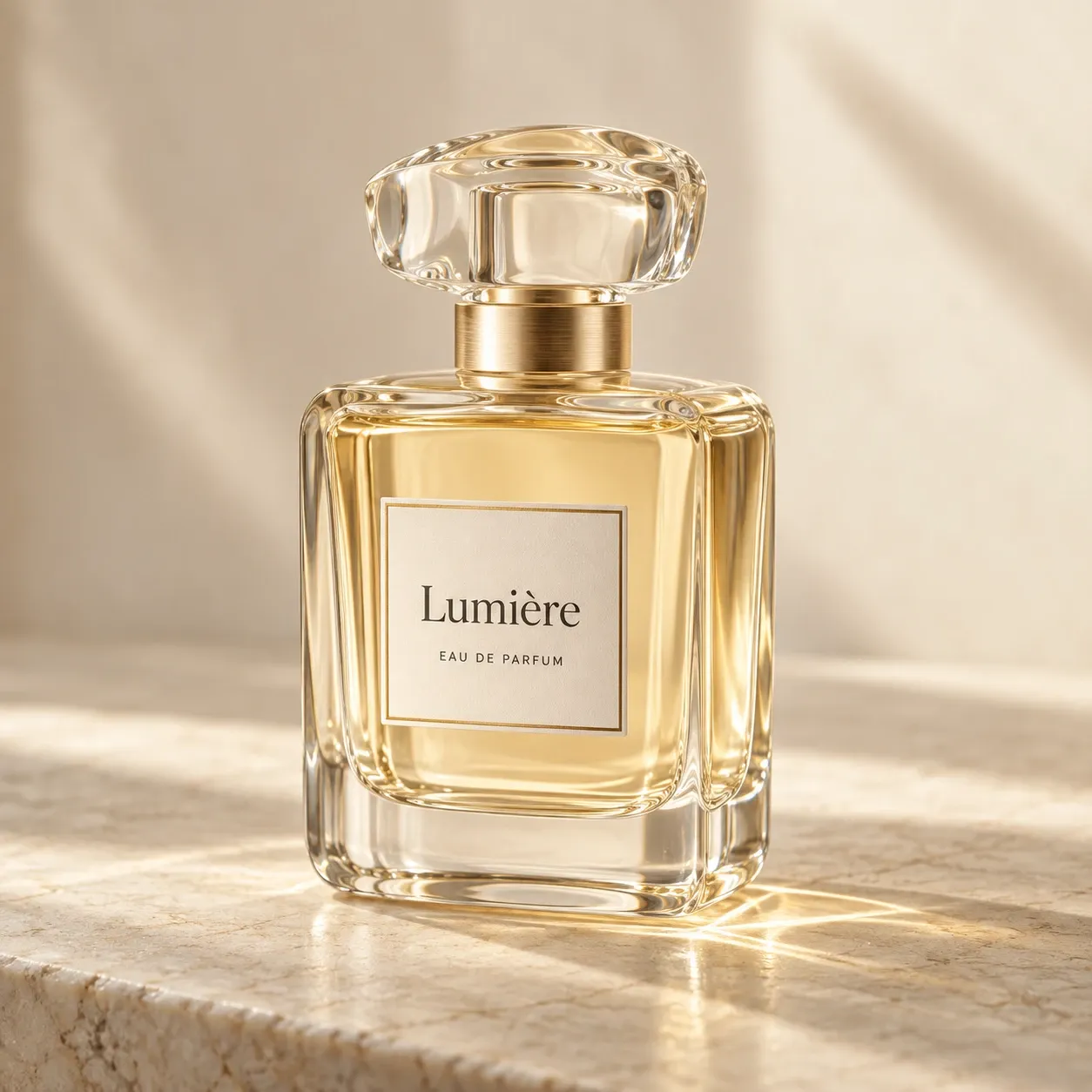 Frasco do Eau de Parfum Lumière, em vidro com tampa transparente, sobre uma bancada de mármore iluminada pelo sol