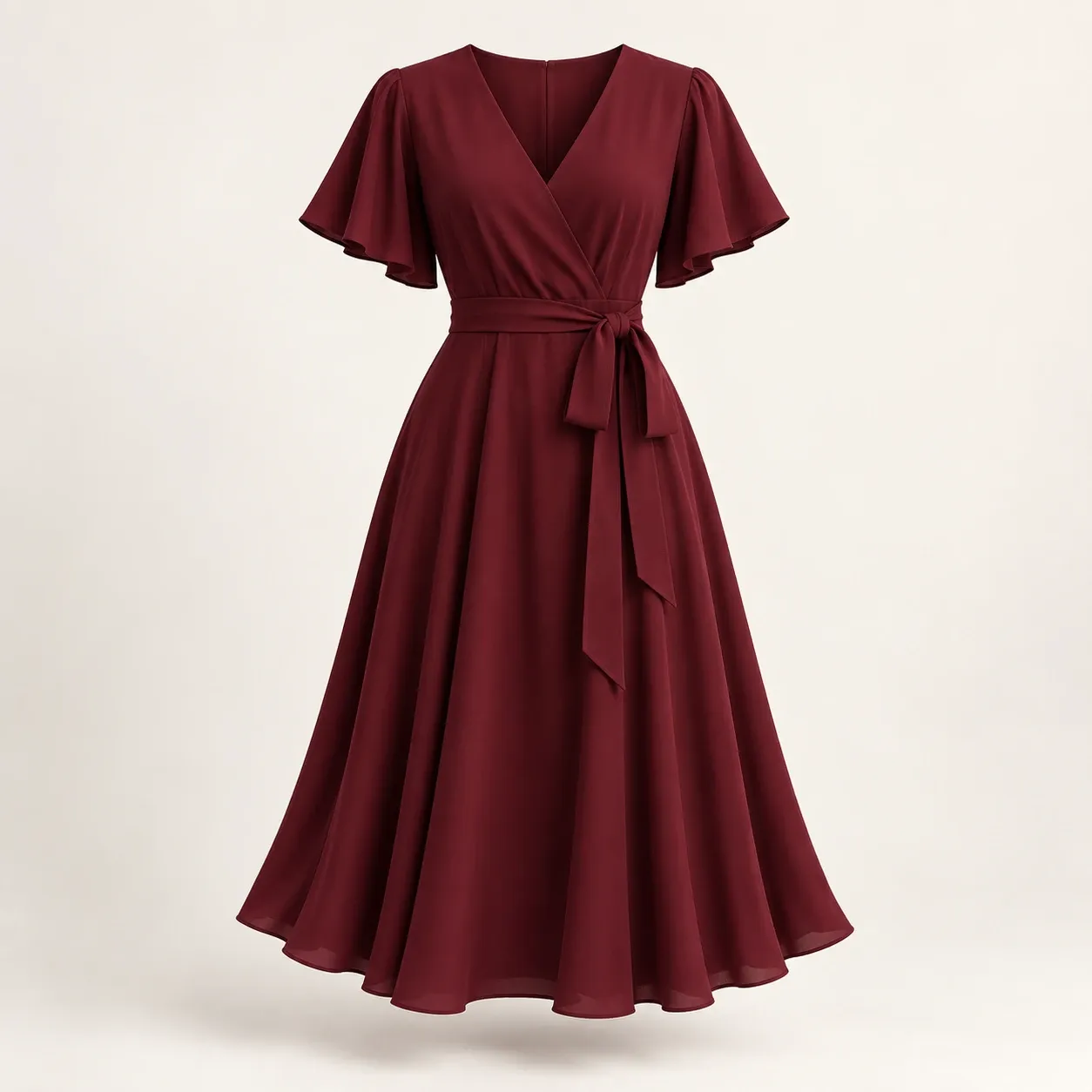 Vestido midi bordô, com decote transpassado, manga godê e faixa amarrada na cintura