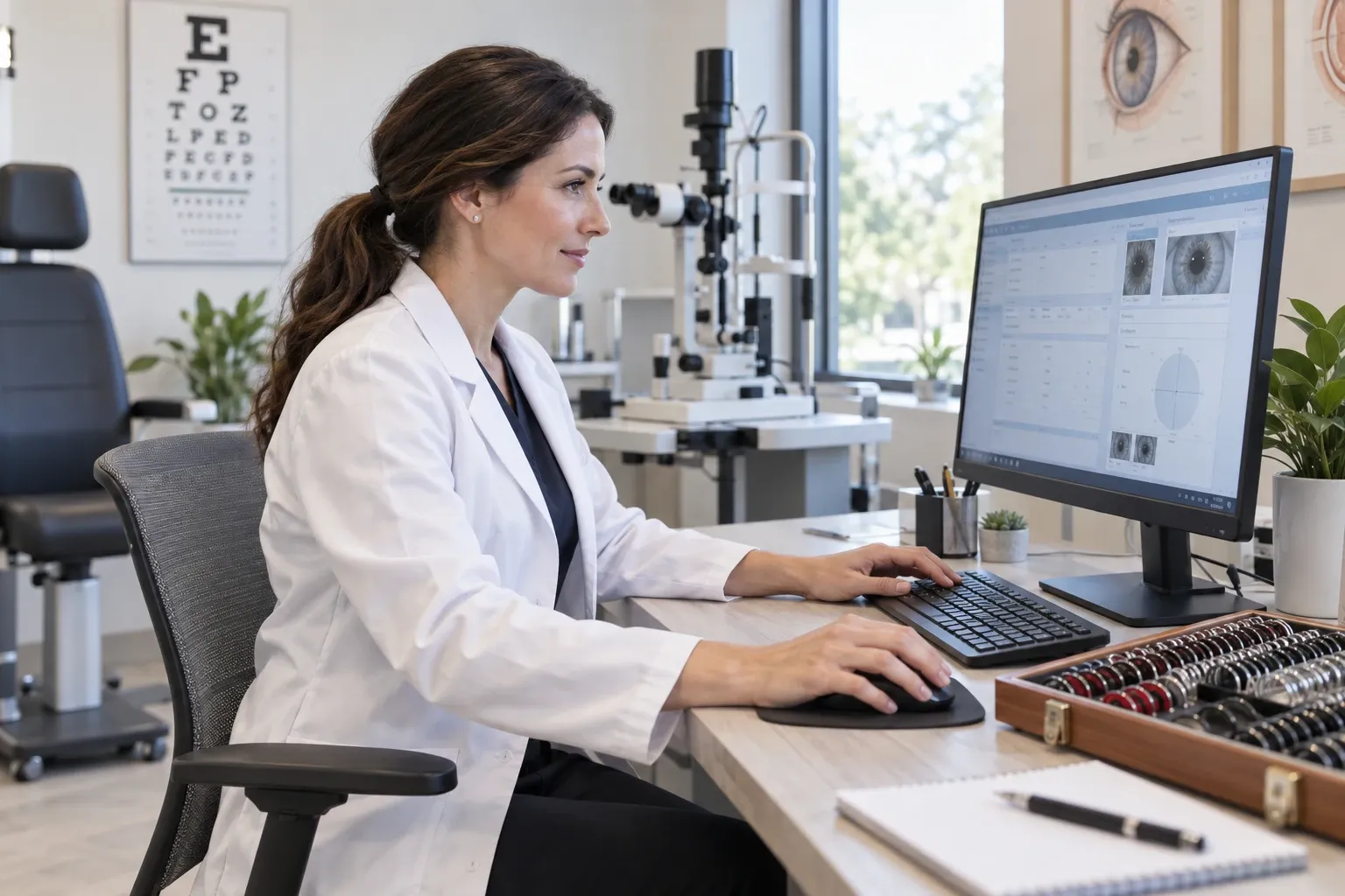 Optometrista em seu consultório, usando o sistema no computador ao lado da caixa de lentes de prova