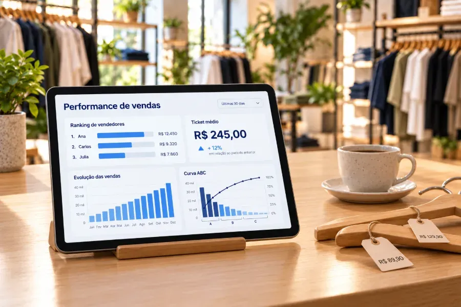 Tablet no balcão com relatório de vendas, ticket médio e curva ABC