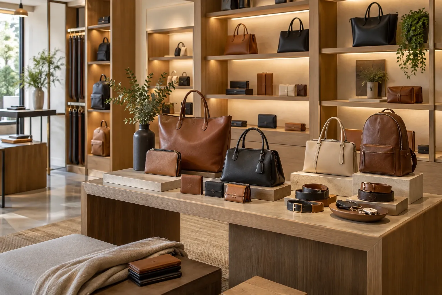 Interior de uma loja de bolsas e artigos de couro, com bolsas, mochila, carteiras e cintos expostos em mesa e prateleiras