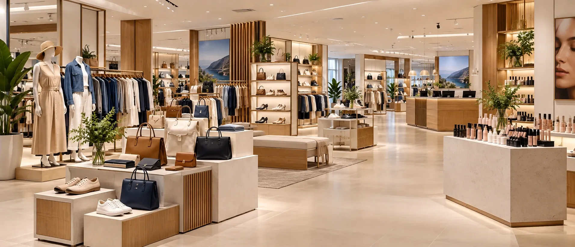 Interior de uma loja multimarcas, com roupas, bolsas, calçados e cosméticos em diferentes áreas do mesmo espaço