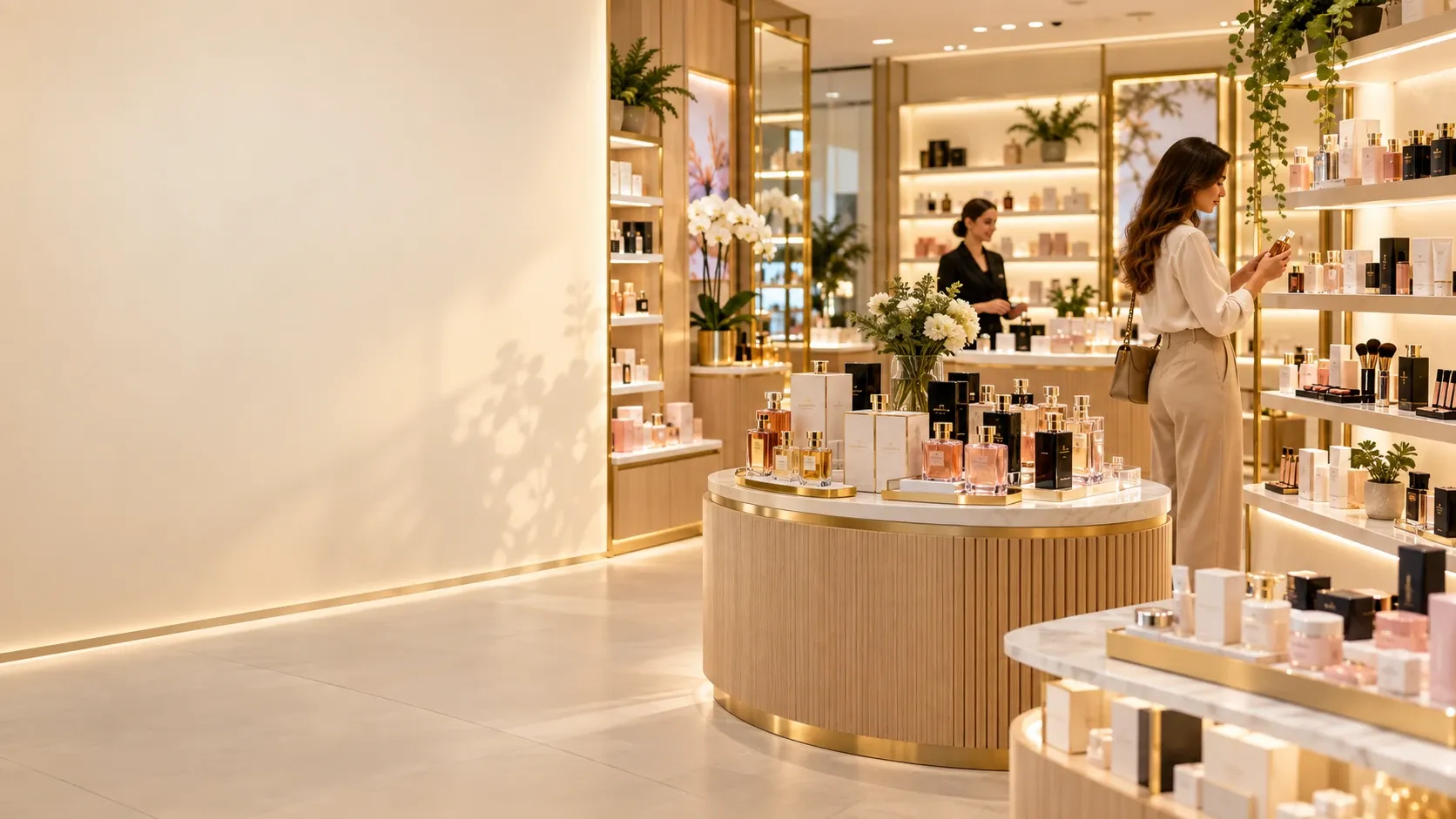 Interior de uma perfumaria, com frascos de perfume em um balcão redondo e cliente escolhendo nas prateleiras iluminadas