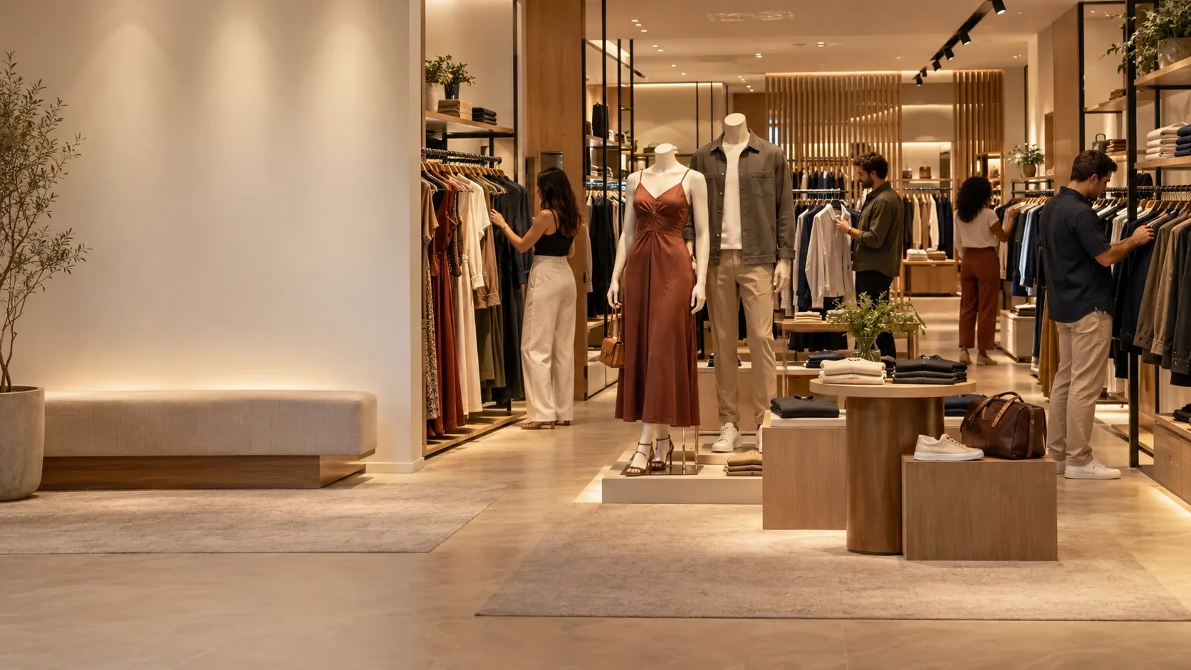Interior de uma loja de roupas, com araras, manequins vestidos e clientes escolhendo peças